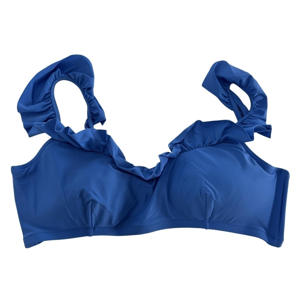 J.Crew Bikini Top Women XL Blue Ruffle V‎ Neck Summer Swim L5715